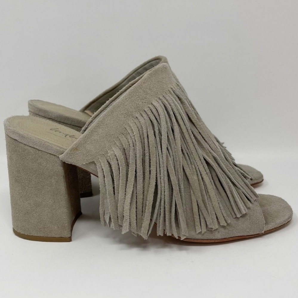 Matisse X Understated Leather Moonshine Suede Fringe Slide Mule Heels, 1…
